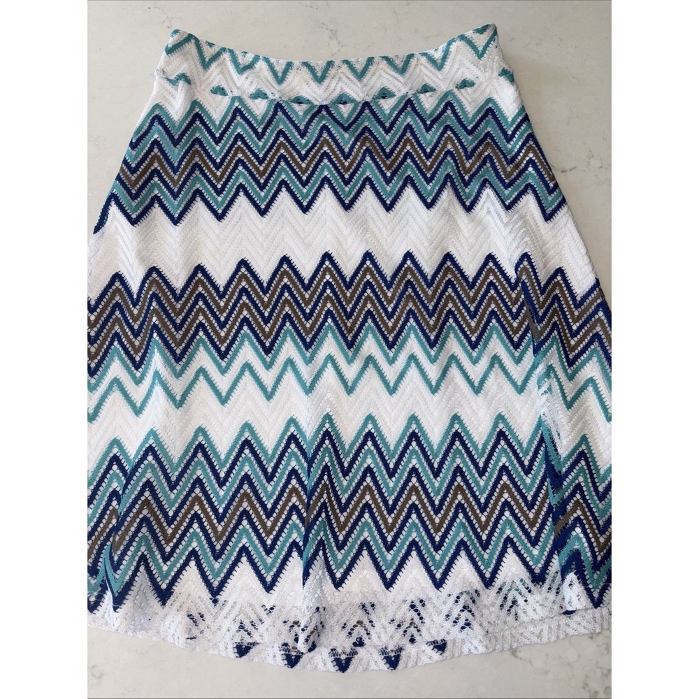 Zac & Rachel Womens Skirt PM Blue/White Chevron A-line Midi Stripe Skirt Crochet